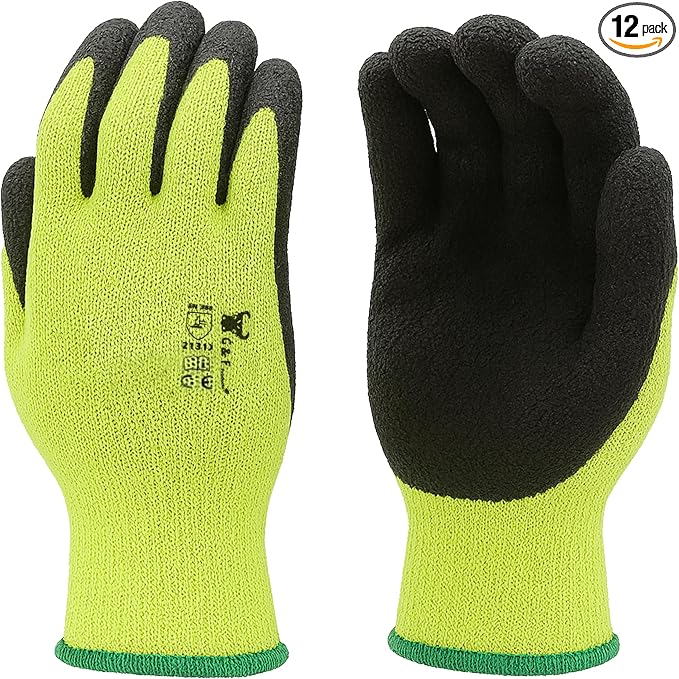 G & F 1516 Premium High Visibility Work and Gardening Gloves for Men and Women, 12 Pairs Pack, MicroFoam Textured Coated Palm and Fingers, Size Small, Green
