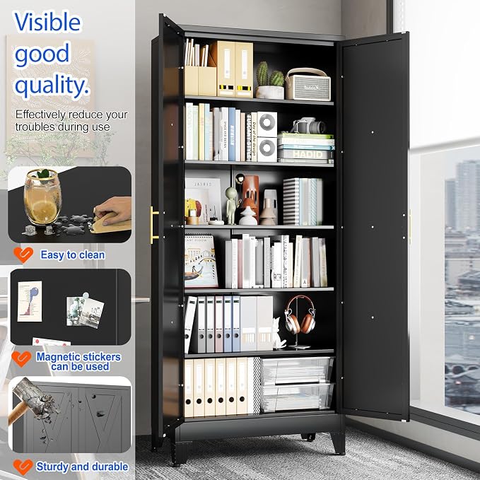GAIOUS 74.8" Tall Kitchen Pantry Cabinet, Metal File Storage Cabinet Black | Steel Office Cabinet, Freestanding Cupboard with 2 Doors and 5 Adjustable Shelves, Bathroom Kitchen Home Garage Tool Cabinet
