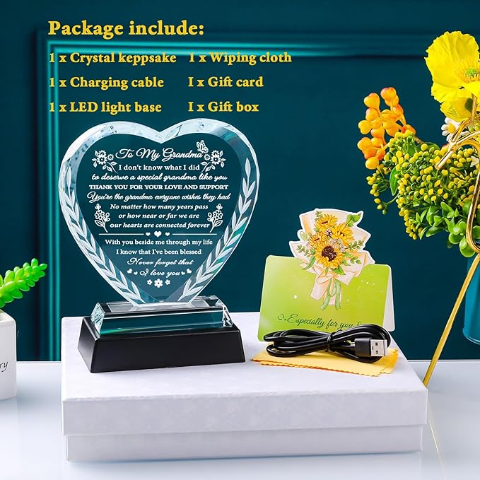 YWHL Gifts for Grandma from Granddaughter Grandkids, Great Grandma Birthday Gifts with Colorful Light Base, Crystal Keepsake Gift Ideas for Grandmother on Christmas Mother's Day
