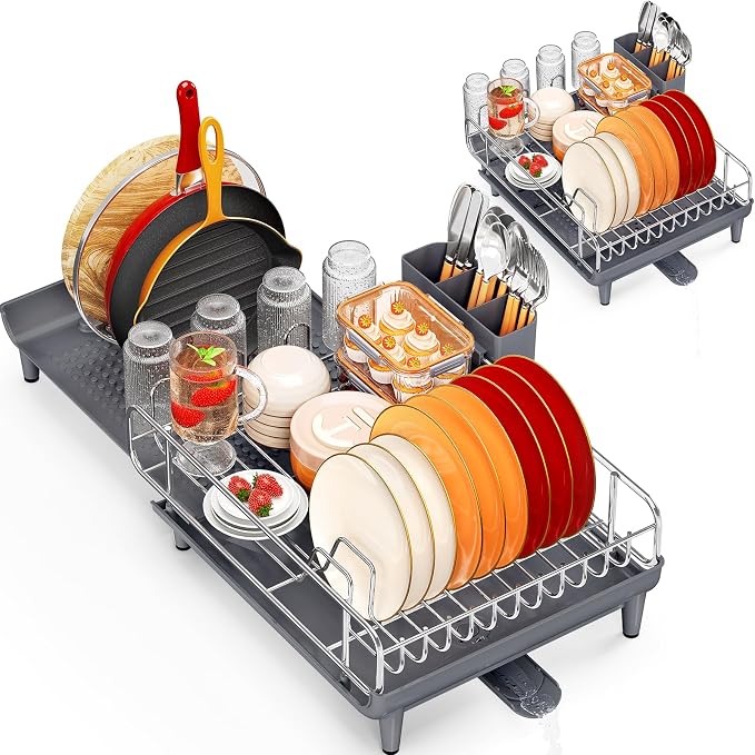 NTD Expandable Dish Drying Rack for Kitchen Counter, 16.7"-26.8", Gray | Large Multifunctional Dish Drainers, Anti-Rust, with Cutlery & Cup Holders, Self-Draining Drainboard, FIts for 4-5 People
