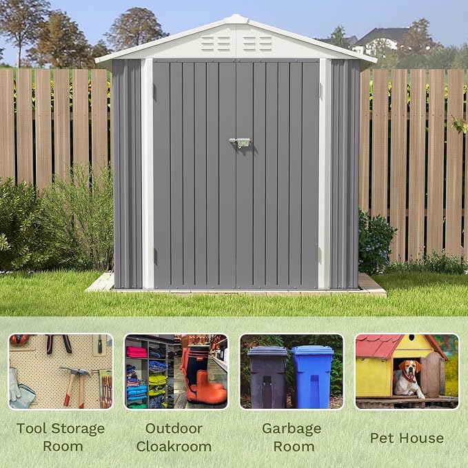 Patiowell 6x4 FT Outdoor Storage Shed, Metal Outdoor Sheds with Vents&Lock | Water-Resistance Garden Shed of Galvanized Steel for Lawn, Patio, Backyard Garden Tools, Bikes, Gray