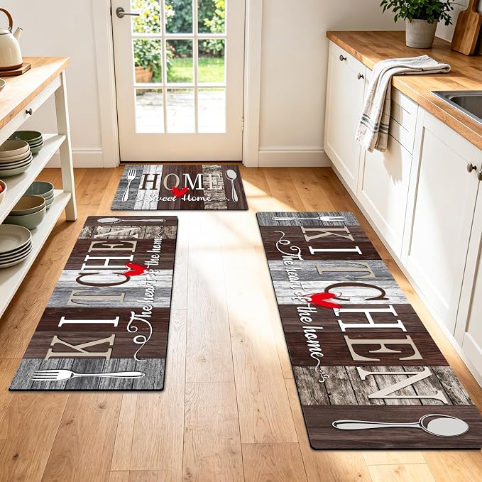 Kitchen Rugs Set 3 Piece, Non Slip Kitchen Mats for Floor, Soft Fabric with Rubber Backing, Farmhouse Anti Fatigue Runners Carpet for Home Kitchen Laundry Room Hallway Rustic Dark Brown & Grey