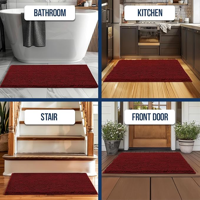 Muddy Mat® | Chenille Bathroom Rugs Quick Dry Microfiber Mats Non Slip Washable, Extra Thick, Soft and Highly Absorbent Bath Mats for Bathroom, Kitchen, and Shower Floor - Red 36"x60"