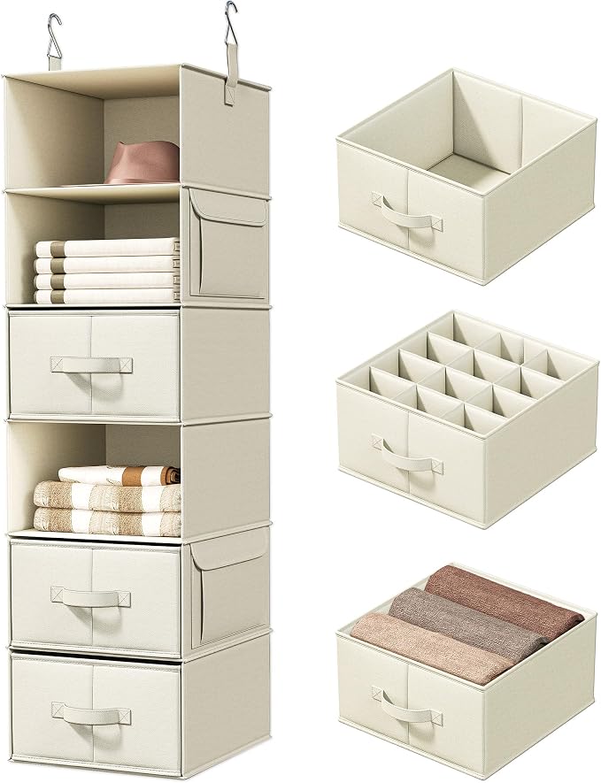 Vailando 6-Shelf Hanging Closet Organizer with 3 Drawers, 6-Shelf Inseparable Closet Organizers and Storage for Wardrobe Organization, Hanging Dresser for Nursury & Dorm Clothes Organizer, Beige