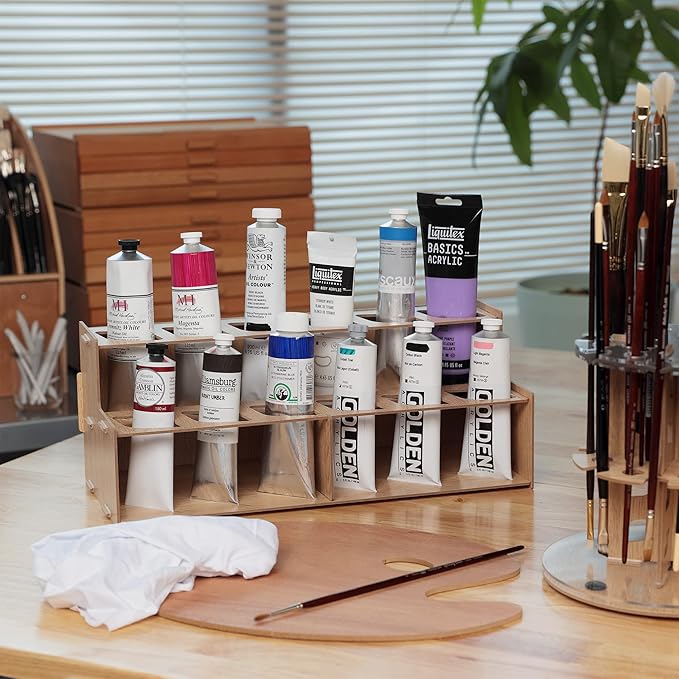HG Art Concepts Mezzo Artist Paint & Brush Rack - Wood Grain Laminate Multi Layer Desk Stand Professional Storage Display Organizer for paintbrushes and Large Tubes