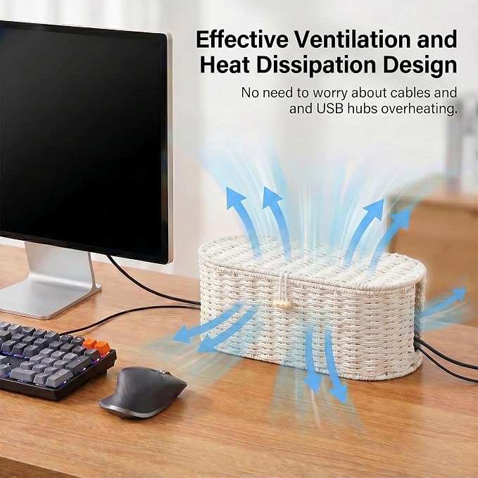 Set of 2 Cable Management Box, Handwoven Paper Rope Cord Hider Organizer Boxes with 3 Side Open Slots, Cable Organizer Box to Hide Cords Power Strip, USB Hub, TV Wires for Home, Office,Cream