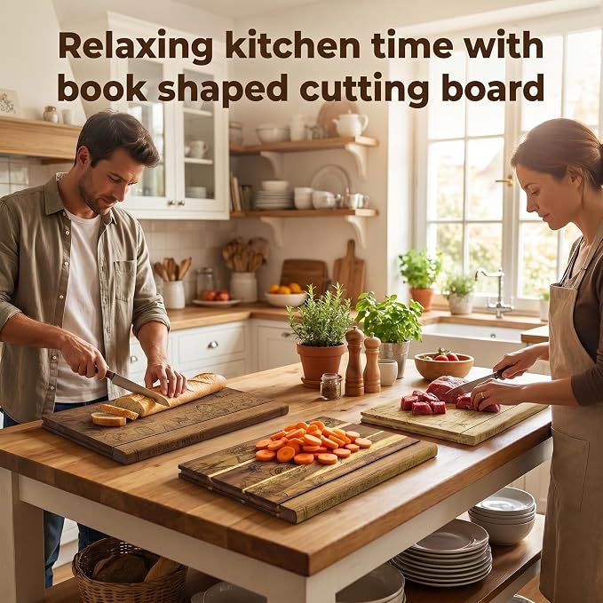 Wooden Book Cutting Board Set with Stand 3 Piece Wooden Cutting Boards Decorative Chopping Board Set for Kitchen Counter Fun Gift for Home Cooks