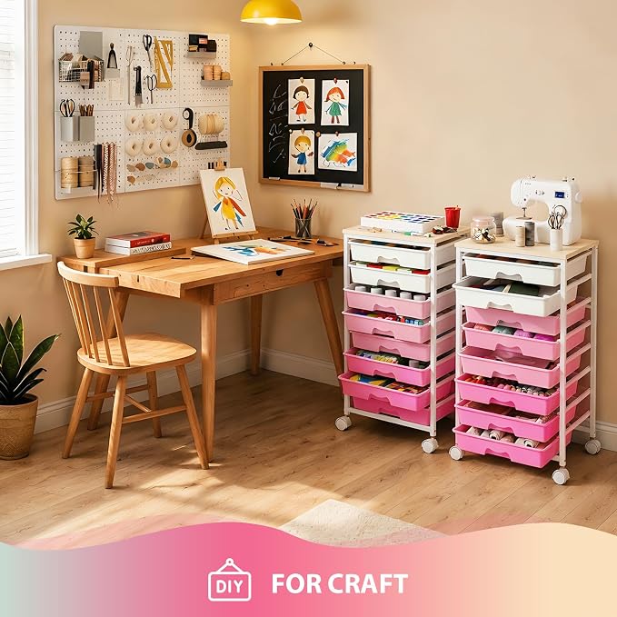 Goovilla Rolling Cart with Drawers, Utility Cart Organizer With 8 Removable Drawers and Wooden Tabletop, Lockable Rolling Storage Organizer for Art, Classroom, Home, Dorm, Office, Craft Storage, Pink