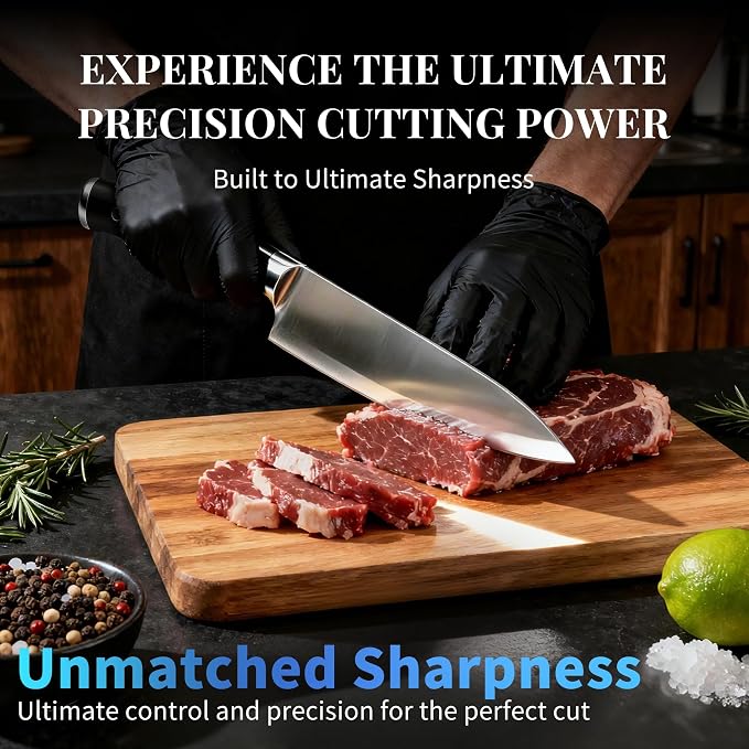 Knife Set, 15 Piece Premium Kitchen Knife Block Set, Razor-Sharp, High Carbon Stainless Steel Chef Knife, Ergonomic Forged Triple Rivet Handle, Black Sharp Knife Set for Kitchen, Dishwasher Safe