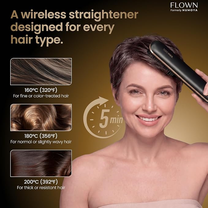 FLOWN® Original Go Brush MAX [Five Minutes Hair Styling Routine] - No Damage Heat Brush with USB-C Charger - Electric Travel Pocket Brush for All Hair Types - Black (Formerly Numoya)