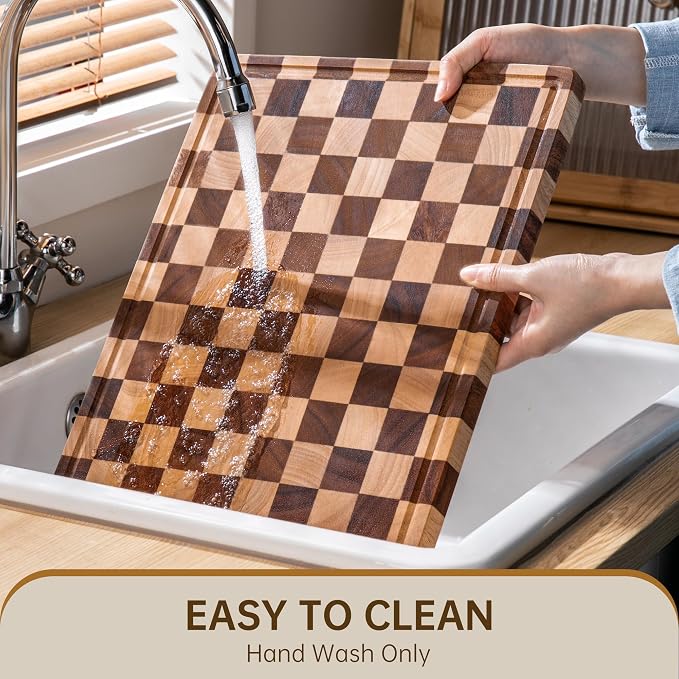 Checkered Cutting Board, Wooden Cutting Boards for Kitchen | Acacia Wood Cutting Board with Handle & Juice Grooves, Small Charcuterie Boards with Gift Box, 14" X 11" X 0.8"