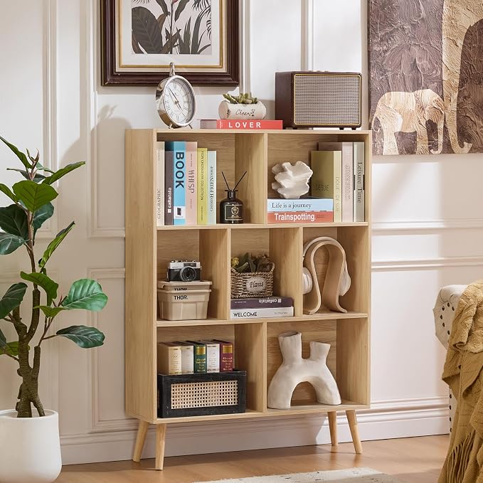 LEYAOYAO Cube Bookshelf, Mid-Century Modern Book Shelf with Legs,Light Wood | 3 Tier Bookcase, Rustic Wood Bookshelves Freestanding Small Storage Organizer, Open Shelves for Bedroom, Living Room, Office