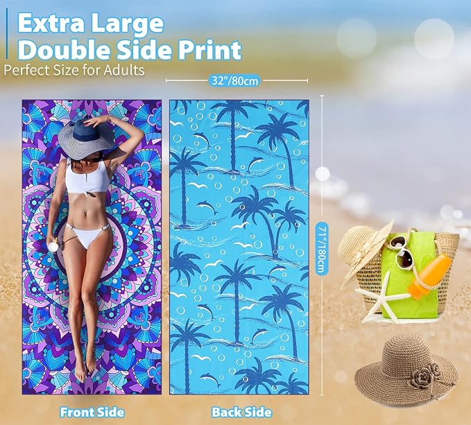 TwoYek Microfiber Beach Towel Extra Large 71x32 inches Boho Mandala Print | Thin Lightweight, Sand Free Super Absorbent Quick Dry, Oversized for Travel Pool Swim Bath Camping Sports Girls Women Adults