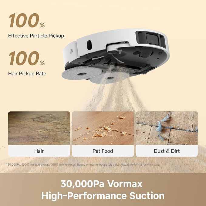 DREAME L60 Ultra FE Robot Vacuum and Mop, Auto-Empty and 100℃ Self-Cleaning Mop, 30,000Pa Suction, Obstacle Avoidance and 360° Navigation, Corner to Edge Deep Cleaning, TriCut Brush, White