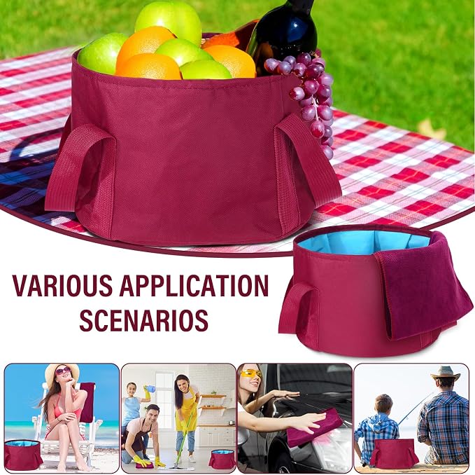 FillTouch 12 Pcs 15L Foldable Foot Soaking Tub Kit Portable Foot Bath Tub for Soaking Feet with Towel and Storage Bag Soak Spa Bucket for Travel Camping (Claret)