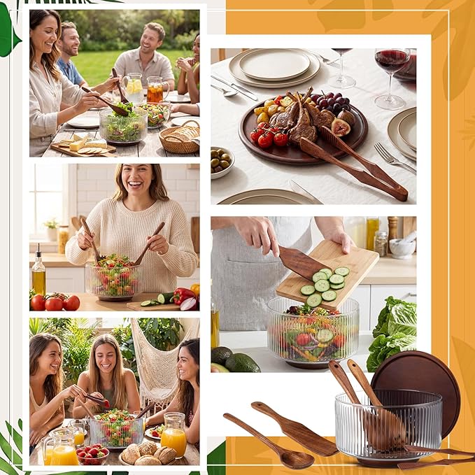 Large Glass Salad Bowl Set, Ribbed Salad Bowl with Wood Base and Lid As Cheese Charcuterie Board and Plate, Comes with 5 Pieces of Wood Serving Utensils for Kitchen Party(9" X 5.9")