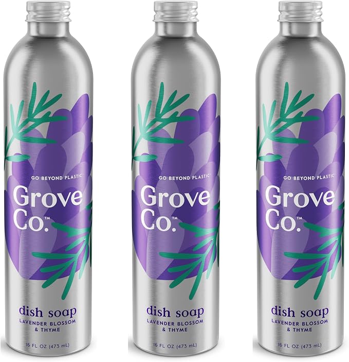Grove Co. Dish Soap, 3 x 16 fl oz Refills, Lavender Blossom & Thyme | Plastic-Free; Refill format; Natural Fragrance; Removes Stuck on Food; 98% plant-based ingredients