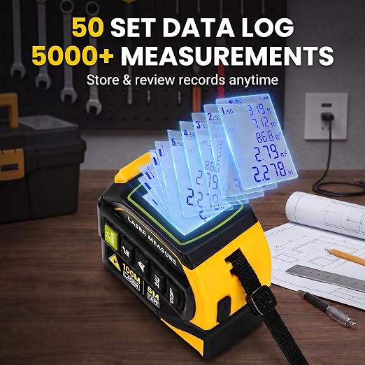 4-in-1 Digital Laser Tape Measure, 16FT Tape, 328FT Distance Meter | 33FT cross-line laser for room measurements, furniture layout, doorway clearance, picture hanging and shelf installation.