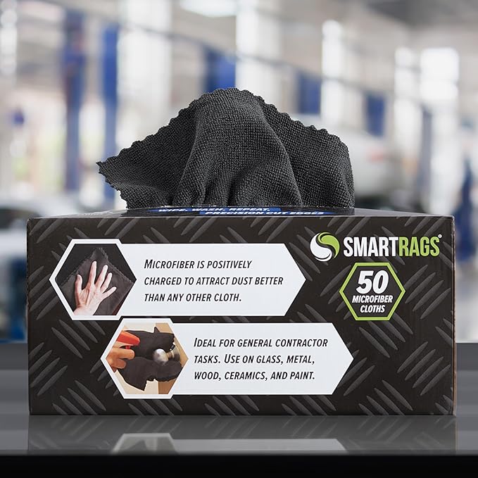 Arkwright Smart Rags Microfiber Cleaning Cloths, Pack of 50 in a Box, Lint Free 180 GSM Reusable Towels for Auto, Office and Household Cleaning, 12 x 12 in, Black