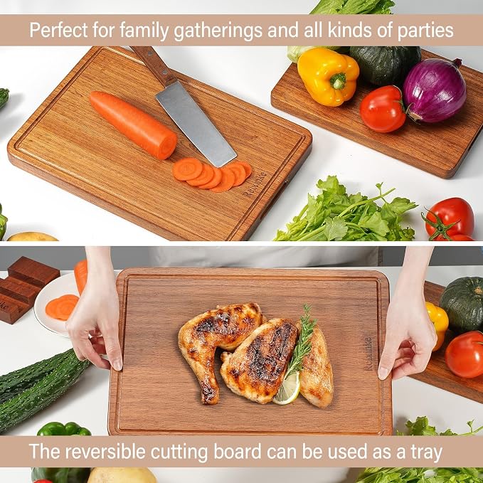 Solid Teak Wood Cutting Board One Piece Non Glued Large Thick Crack Resistant Wooden Chopping Board with DeepJuice Grooves Built in Handles for Kitchen Meat Vegetable 17.7x11.8 IN