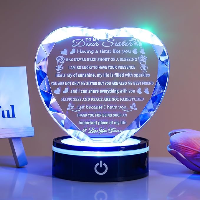 YWHL Sister Birthday Gifts with Colorful LED Base Crystal Heart to My Sister Gifts from Sisters Brother Meaningful Gift for Sisters on Christmas Valentine Day Mothers Day