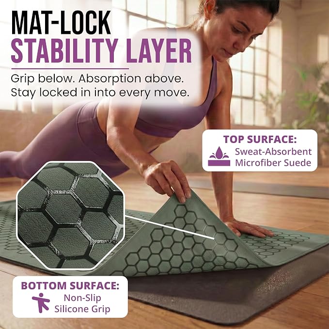 Clever Yoga Hot Yoga Mat Towel – Non-Slip Grip for Hot Yoga, Sweat Absorbent, Honeycomb Silicone Grip, Stays Flat – Ideal for Pilates, Travel, Washable & Lightweight - Olive