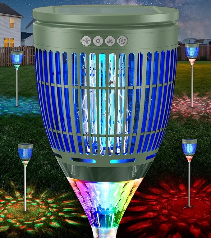 All in 1 Solar Bug Zapper Outdoor, Flame & Projection Mode, Auto/Manual Modes, 4200V Electric Mosquito Killer with High Powered, IPX5 Waterproof Rechargeable Fly Insect Trap for Patio Garden Yard RV