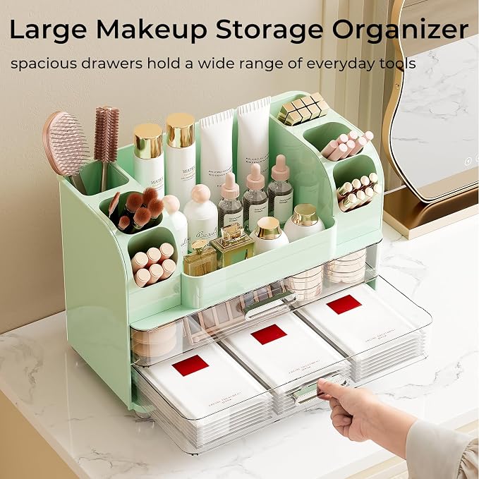UFORU Makeup Organizer for Vanity with 2 Large Drawers, Cosmetic Display Case with Brush Holders, Easy to Storage for Bathroom Countertop Skincare, Perfume, Green