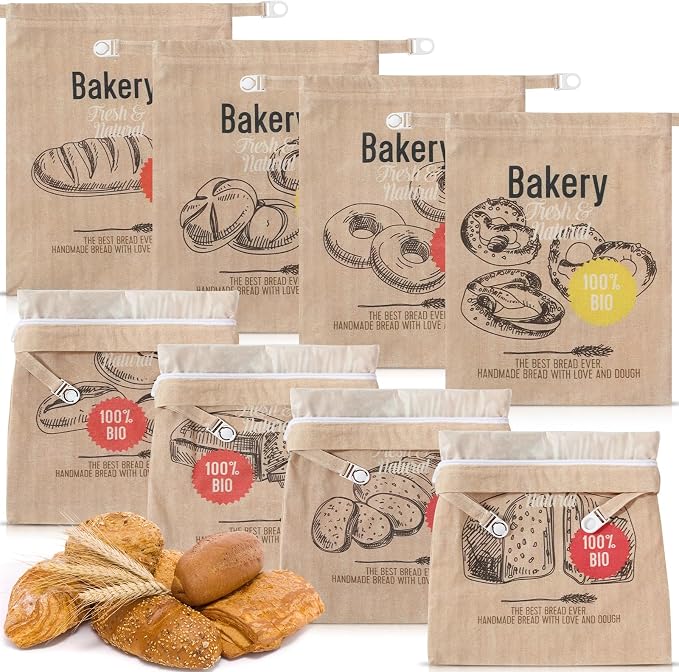 Tigeen 8 Pack Beeswax Bread Bags for Sourdough & Homemade Bread 17 x 13'' XL Reusable Organic Linen Beeswax Wraps with Sealing for Fresh Food Storage Loaf Fresh Freezer Baker Gift(Bakery Style)