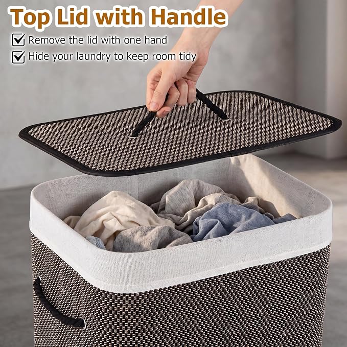 Giantex Bamboo Laundry Hamper with Lid, Removable Liner & Portable Handles | 19 Gal Large Capacity Clothes Hamper, Rectangular Laundry Basket for Bedroom Bathroom Laundry Room, Dark Taupe