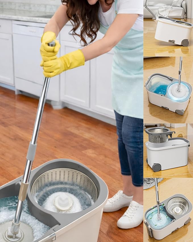 20L Spin Mop and Bucket System with Wringer, 3 Microfiber Mop Heads and 1 Heavy-Duty Scrub Brush, Stainless Steel Handle, Rolling Bucket with Drain Plug for Hardwood, Tile and Laminate Floors