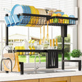 Sakugi Dish Drying Rack Over The Sink, Dish Drainer for Kitchen Counter | Stainless Steel Storage Organizer with Utensil Knife Holder & Hooks, Adjustable 11"D x 30.5"~34''W x 21.5" H, Black