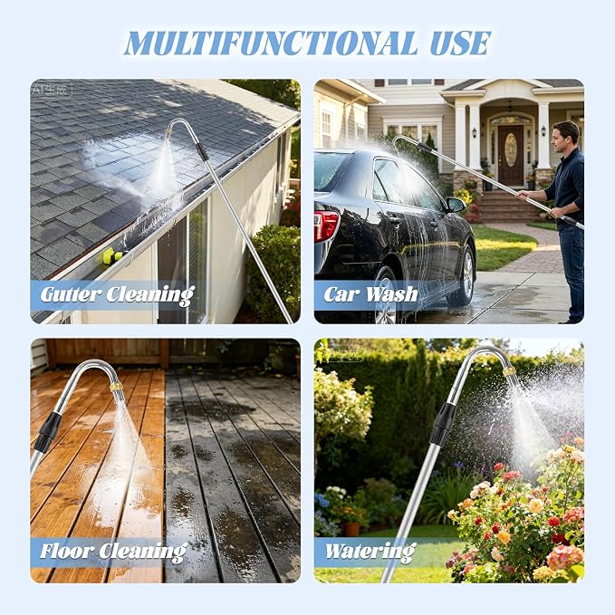 24FT Reach Gutter Cleaning Tools from Ground, 16FT Telescoping Rain Gutter Cleaner with 360° Rotating Metal Nozzle, Brass Shut-Off Valve, Leak-Proof Hose Attachment for Garden Hose