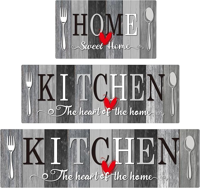 Kitchen Rugs Set 3 Piece, Non Slip Kitchen Mats for Floor, Soft Fabric with Rubber Backing, Farmhouse Anti Fatigue Runners Carpet for Home Kitchen Laundry Room Hallway (Rustic Grey & Black)