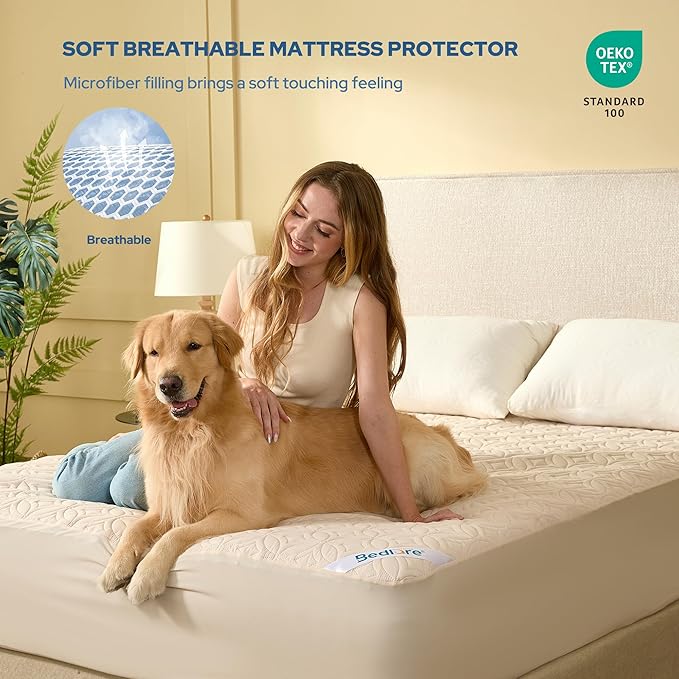 BEDLORE Waterproof Mattress Protector, King Size Noiseless Mattress Pad with Deep Pocket 6"-18" Depth, Soft Breathable Bed Mattress Cover Washable for Home, Bedroom, Hotel (Beige)