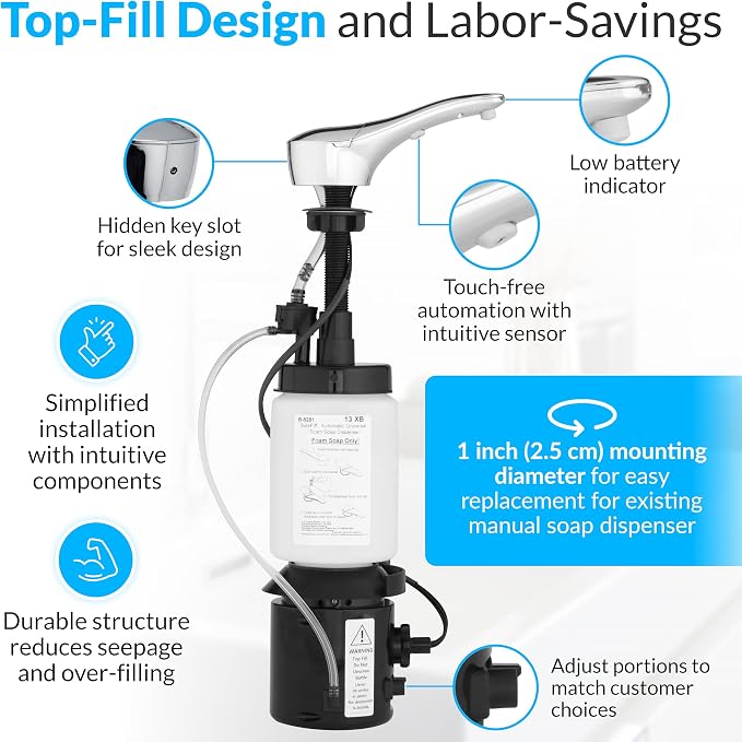 Bobrick B-8281 Automatic Foam Soap Dispenser, Top-FillTouch-Free Soap Spout 34-fl oz. (1.0-L) Foam Soap Capacity, For Public Restroom Countertops, Retrofit 1” Mounting Diameter, Chrome Finish