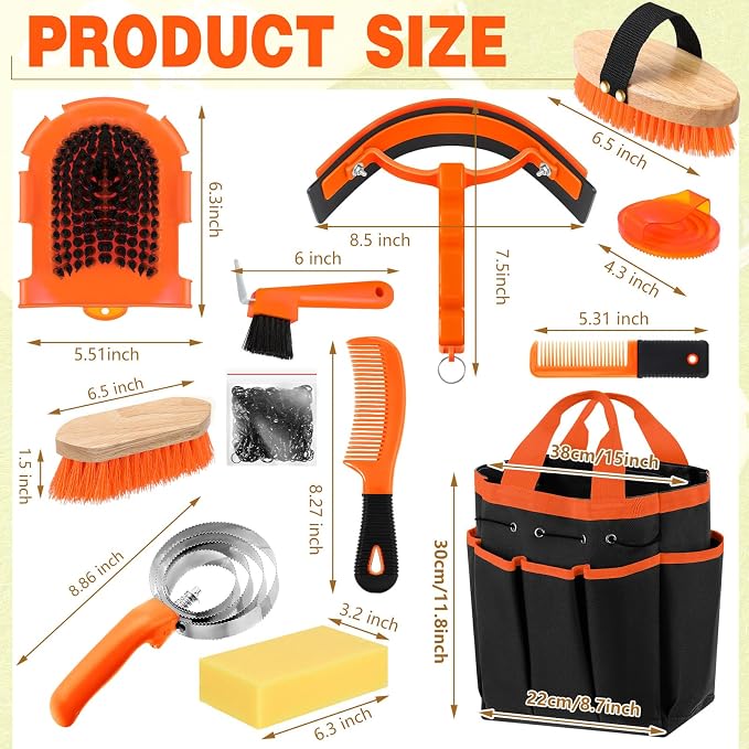 Abbylike 12 Piece Horse Grooming Kit with Organizer Tote Bag Brush Sets for Derby Day Show Horses Professional Tools for Care & Massage(Orange)
