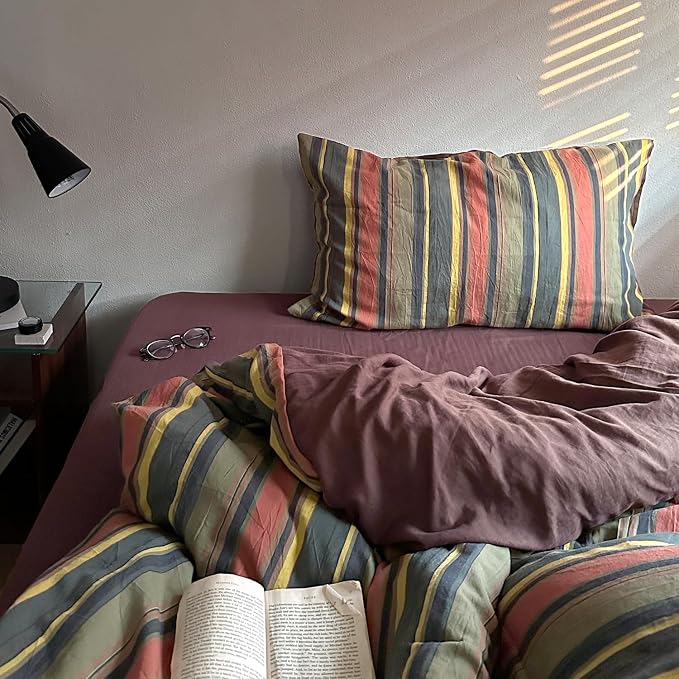 mixinni Vintage Striped Duvet Cover Set Queen Size - 3 Piece 100% Washed Cotton Bedding Set, Soft & Breathable, Colorful Striped Pattern Printed Comforter Cover for All Seasons
