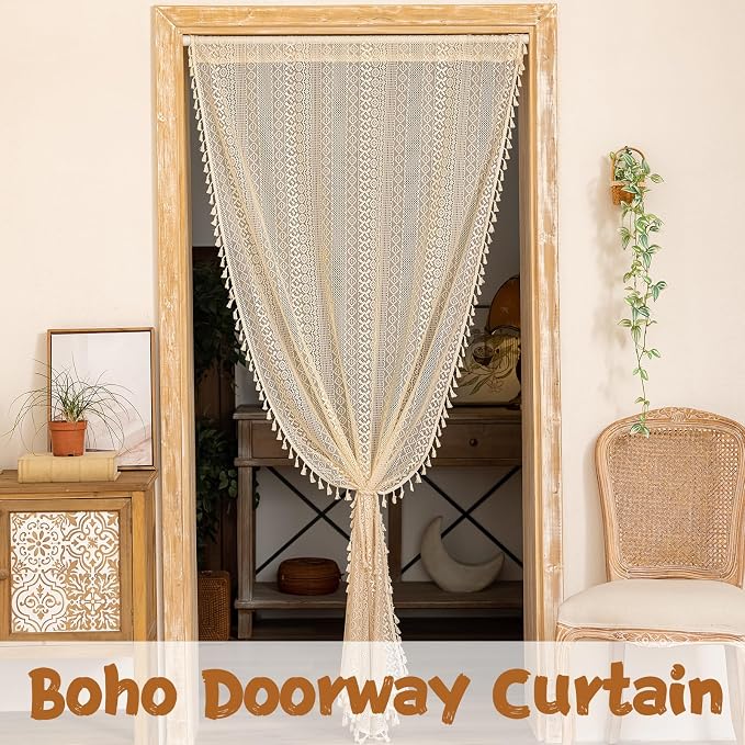 Sutuo Home Boho Doorway Curtains for Closet Patio, Lace Sheer Door Curtains for Doorway Crochet Vintage Chic Tassels Bohemian Temporary Room Divider Privacy Rustic Geometry Rod Pocket, 37" x 80" Beige