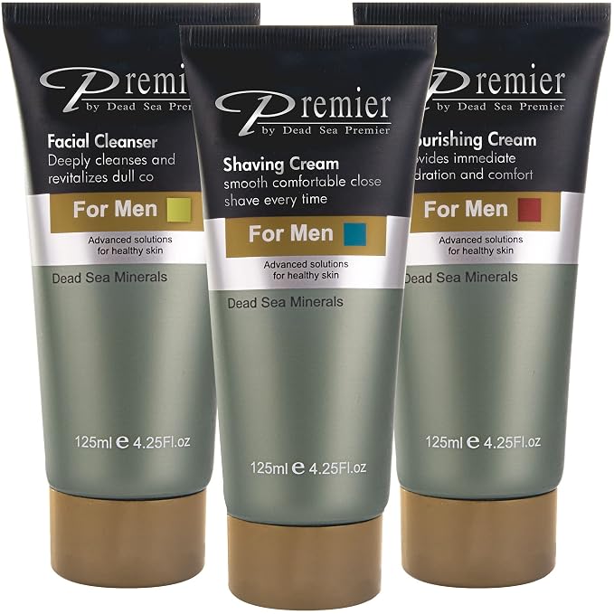 Premier Dead Sea Men's Care Kit - 3 x 4.2 fl oz | Nourishing Cream, Shaving Cream & Facial Cleanser - Gentle, Anti-Wrinkle, firming, Sensitive Skin, Daily Use