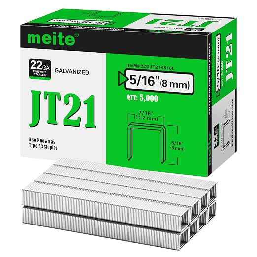 meite JT21 Staples, 5/16 Inch Galvanized Fine Wire Staples for Staple Gun - 5,000 Counts, 7/16" Crown JT21 Staple Refill, Ideal for Upholstery, Crafts, Furniture