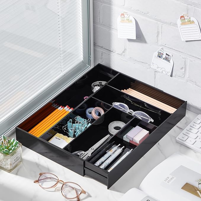 Briwooody 1 Pcs Acrylic Desk Drawer Organizer 9'' up to 18'' x 15'' x 2.1'' Expandable Drawer Organizer Trays with 7 Adjustable Compartments Black Desk Accessories for Makeup Office Bathroom
