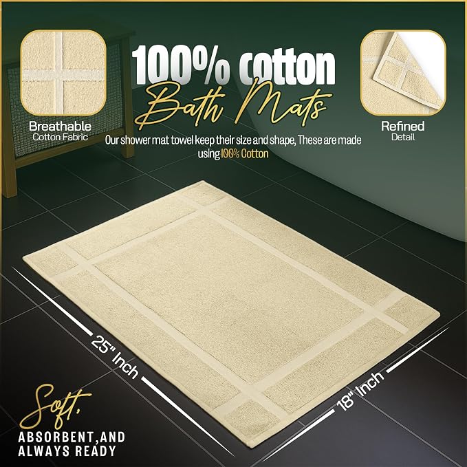 Pearl Linens Pack of 2 100% Cotton Bath Mat 18x25 inches, Soft & Absorbent Quick Dry Bathroom Mat Set, Not Bathroom Rugs, After Shower Mat, Bath Tub Mat, 781 GSM, Machine Washable, Beige