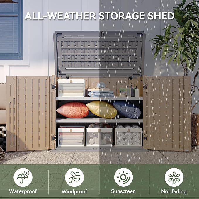 Aoxun Outdoor Storage Cabinet with 2 Shelves, 35 Cu Ft Waterproof Portable Horizontal Resin Shed Outdoor Storage for Garbage Bin, Generators & Yard Gear, and Lawn Mower (Brown)