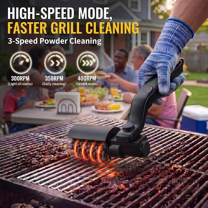 Electric Grill Brush with Grills Cleaning Spray, Cordless Electric Grill Cleaner Kit for Outdoor Grills, 3 Speed Modes & 180°Adjustable Angle, Rechargeable Waterproof Cleaner for BBQ Grates