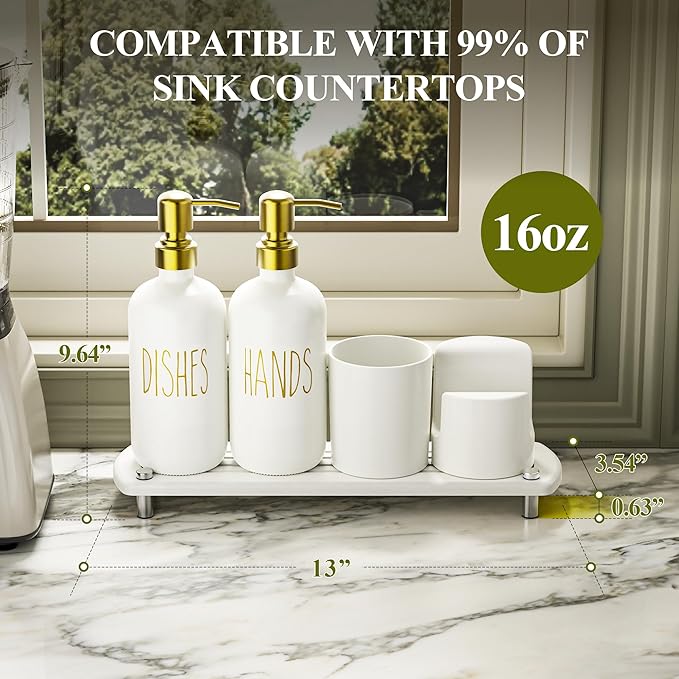 Cisily Kitchen Soap Dispenser Set Comes with Ceramics Sponge Holder, Gold Pumps, and Instant Dry Tray, Hand and Dish Soap Dispenser Set (5, Gold + White + Brush Holder + Sponge Holder)