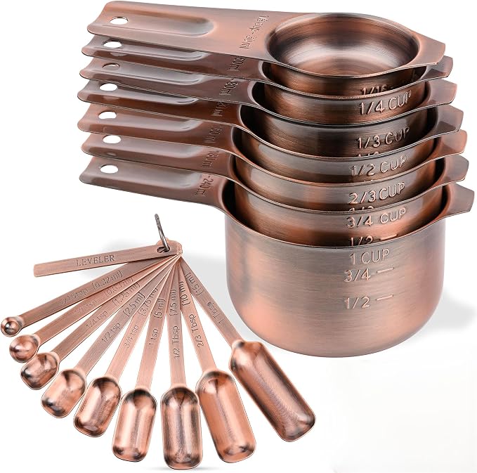 Copper Measuring Cups and Spoons Set 17, Stainless Steel 7 Measuring Cup and 9 Spoons for Dry & Liquid, Metric & US Metal Measuring Cups and Spoons Set &Leveler for Baking & Kitchen