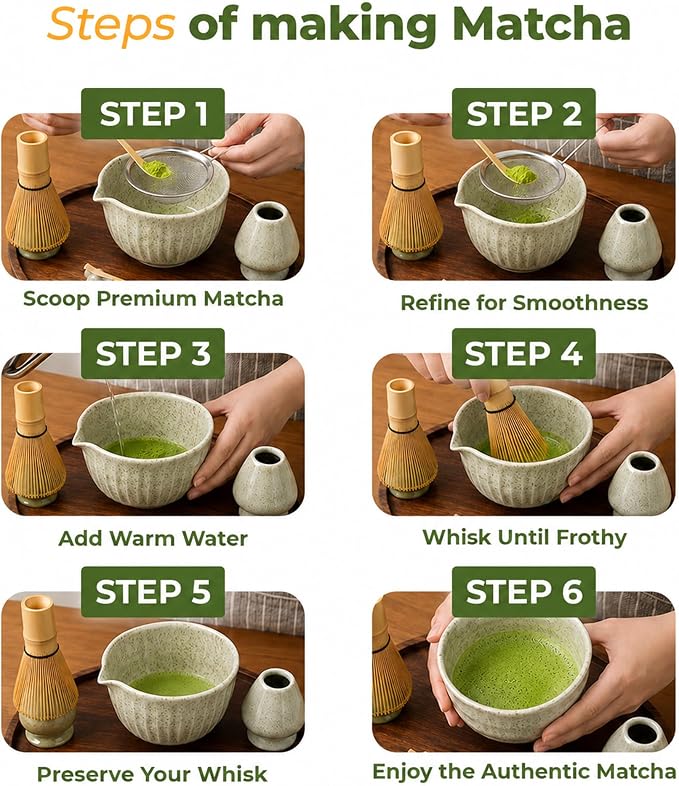Matcha Whisk Set, Traditional 10 Pcs Set - 450ml Matcha Bowl and Whisk, Whisk Holder, Bamboo Scoop & Spoon, Matcha Sifter, Scoop Holder, Silicone Coaster, Tea Brush & Cloth – Matcha Kit for Tea Lovers