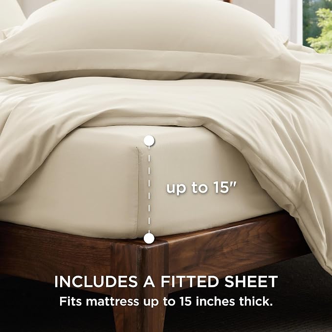 Bedsure California King Size Duvet Cover with Fitted Sheet - 4 Pieces Prewashed Cotton-Like Polyester Soft Bedding Set, Includes 1 Duvet Cover 104''x98'', 2 Pillow Shams, 1 Fitted Sheet, Oat Milk
