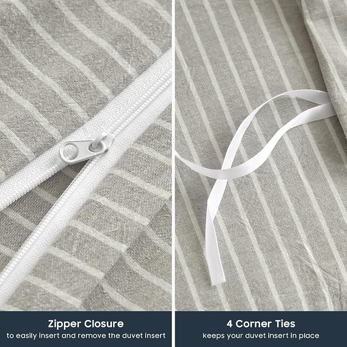 Wake In Cloud - Striped Cotton Duvet Cover Set, 100% Washed Cotton Textured Bedding Set, Ticking Stripe Pinstripe Farmhouse, 3 Pieces, Light Grey, Queen Size